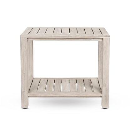 Gray Teak Shower Bench with Shelf 21 Inch for Bathroom, Spa - Fully Assembled, Shower Stool, Rustic Gray Finish, The Elisa