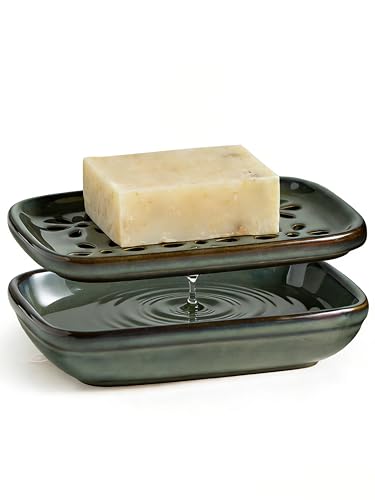 Miamolo Soap Dish for Shower, Bar Soap Holder 2 Layer Draining, Mess-Free | Ceramic Soap Saver Hold 2 Bar Soaps Shampoo Conditioner Sponge | Removable Drip Tray for Bathroom Sink Tub Kitchen, Gray Blue - color: Gray Blue