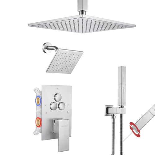 VANFOXLE Rain Shower System Brushed Nickel Shower Faucet Set, High Pressure | Push Button Diverter,16 Inch Ceiling Mount Rain Head Increased Thick, 6 Inch Side Head, 2-in-1 Handheld Sprayer - color: Brushed Nickel, style: 10"+6" Head