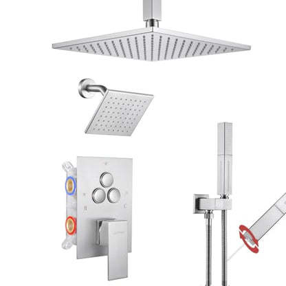VANFOXLE Rain Shower System Brushed Nickel Shower Faucet Set, High Pressure | Push Button Diverter,16 Inch Ceiling Mount Rain Head Increased Thick, 6 Inch Side Head, 2-in-1 Handheld Sprayer - color: Brushed Nickel, style: 10"+6" Head