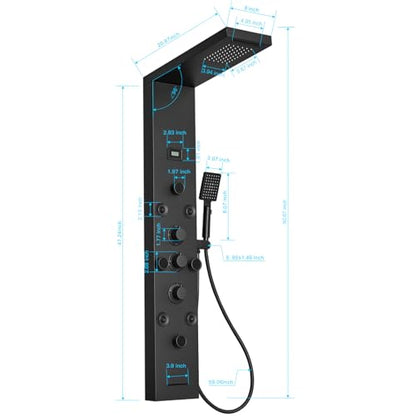 BWE Shower Panel Rainfall Waterfall with Handheld Shower Matte Black | 6 IN 1 Stainless Steel Shower Tower Panel System Massage Body Jets with Tub Spout Water Temperature Display Wall Mount