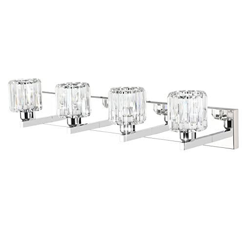 Aipsun Crystal Bathroom Vanity Light Modern Vanity Lighting Fixtures Crystal Vanity Light for Bathroom 4 Lights(Not Include Bulb) - color: Chrome (Round), size: 32 inch