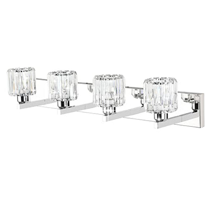 Aipsun Crystal Bathroom Vanity Light Modern Vanity Lighting Fixtures Crystal Vanity Light for Bathroom 4 Lights(Not Include Bulb) - color: Chrome (Round), size: 32 inch