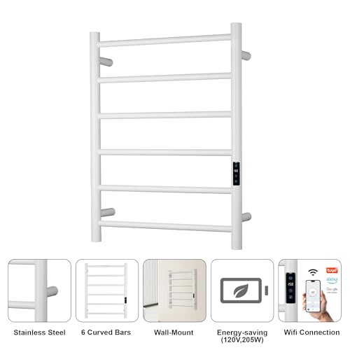 Electric Towel Rack with Voice Control for Alexa & Google Home,TUYA-Wall-Mounted Bathroom Heating Towel Warmer,Plug-in,26.77x20.47x4.39in,Stainless Steel Material,White,6 Bars - color: White With Wifi, size: 6 Bar