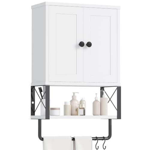Bathroom Wall Cabinet, White Medicine Cabinet with Towel Rack | 2 Doors & Adjustable Shelves 2 Hooks, above toilet storage cabinet, for Bathroom Laundry Room, Living, Kitchen UXYYG024W