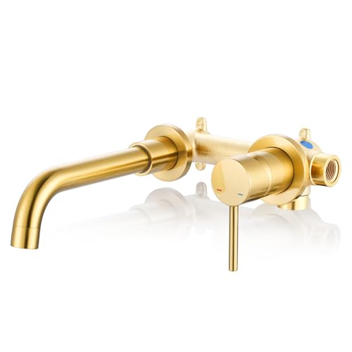 ARCORA Wall Mount Bathroom Faucet, Brushed Gold Single Handle Bathroom Sink Faucet Wall Mounted, Rough-in Valve Included - color: Brushed Gold, size: Single Handle