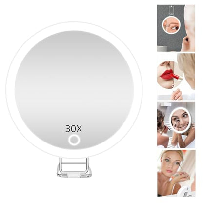 Magnifying Mirror with Light 30x, Lighted Rechargeable Adjustable Brightness Handheld Makeup Mirror with Suction Cup,Foldable Dimmable Portable Travel Mirrors for Wall Tabletop Desk Bathroom