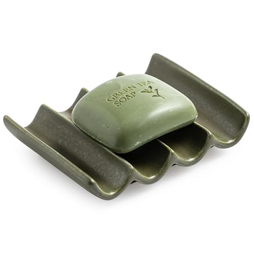 Bar Soap Holder, Ceramic Soap Dish for Shower, Bathroom Soap Saver with Drainage, Bathroom and Kitchen Sink Organizer, Keep Soap Dry - color: Matcha Green, size: Fluted