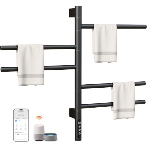 Smart Rotating Heated Towel Rack, 5-Bar, Matte Black | Wall-Mounted Electric Towel Warmer, Swivel Bars, Wi-Fi App Control, 24H Timer, Stainless Steel - color: Black 16.34"x26.77"
