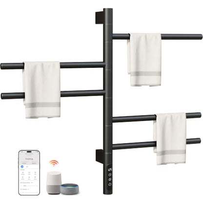 Smart Rotating Heated Towel Rack, 5-Bar, Matte Black | Wall-Mounted Electric Towel Warmer, Swivel Bars, Wi-Fi App Control, 24H Timer, Stainless Steel - color: Black 16.34"x26.77"