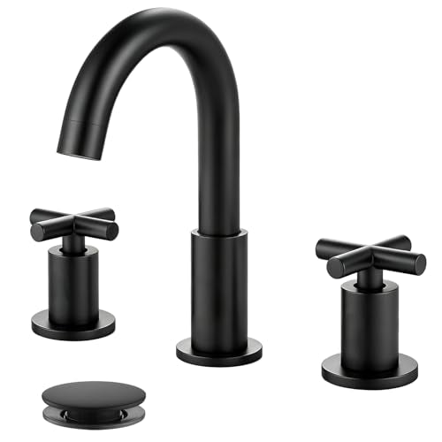 gotonovo 8’’ Bathroom Sink Faucet 3 Hole Matte Black,Curved Spout | Widespread Bathroom Faucet,6-16’’ Vanity,Sink,RV,Lavatory,2 Cross Handle,SUS304,360° Swivel Spout,24’’ cUPC Hose,Pop Up Drain