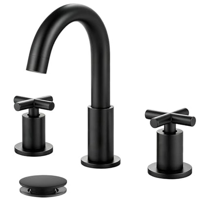 gotonovo 8’’ Bathroom Sink Faucet 3 Hole Matte Black,Curved Spout | Widespread Bathroom Faucet,6-16’’ Vanity,Sink,RV,Lavatory,2 Cross Handle,SUS304,360° Swivel Spout,24’’ cUPC Hose,Pop Up Drain