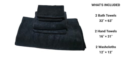Black Microfiber Bath Towels Set – 6 Piece (2 Bath 32"x63", 2 Hand Towels, 2 Washcloths) – Lightweight Quick Dry Towels for Gym, Travel & Bathroom