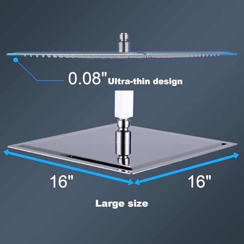 Shower Head, 16 Inch High Pressure Flow Rainfall Shower, Square Ultra Thin Waterfall Bath Showerhead with Silicone Nozzle and Adjustable Metal Swivel Ball Joint, Stainless Steel, Polished Finish