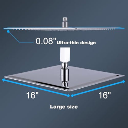 Shower Head, 16 Inch High Pressure Flow Rainfall Shower, Square Ultra Thin Waterfall Bath Showerhead with Silicone Nozzle and Adjustable Metal Swivel Ball Joint, Stainless Steel, Polished Finish