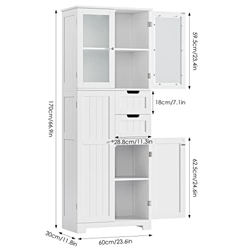 BOTLOG 67'' Tall Bathroom Storage Cabinet, Linen Cabinet with Glass Doors and Adjustable Shelves, Kitchen Pantry with 2 Drawers for Bathroom, Living Room, Dining Room, White | Frosted Glass Doors, Wood Drawers, Kitchen Pantry, Line Cabinet for Bathroom, L