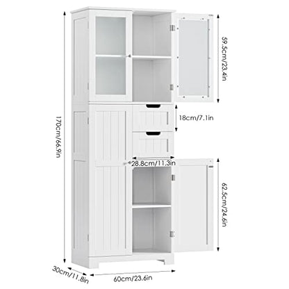 BOTLOG 67'' Tall Bathroom Storage Cabinet, Linen Cabinet with Glass Doors and Adjustable Shelves, Kitchen Pantry with 2 Drawers for Bathroom, Living Room, Dining Room, White | Frosted Glass Doors, Wood Drawers, Kitchen Pantry, Line Cabinet for Bathroom, L