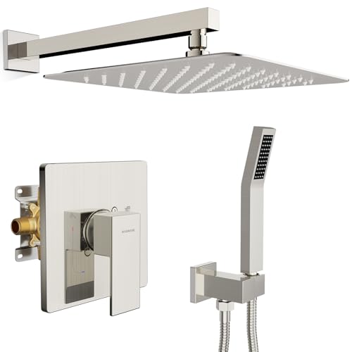 SR SUN RISE Shower Faucet Set & System - 12 Inch Rainfall Shower Head & Handle Set Wall Mounted Brushed Nickel Solid Brass Valve Trim Kit Included - color: Brushed Nickel, size: 12 Inch