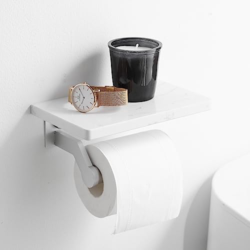 Hoimpro Toilet Paper Holder Wall Mounted, Marble Tissue Roll Rack | Brushed Silver | White Natural Marble Shelf Hand Paper Roll Holder, for Bathroom Kitchen Washroom Bedroom Aluminum - color: Silver