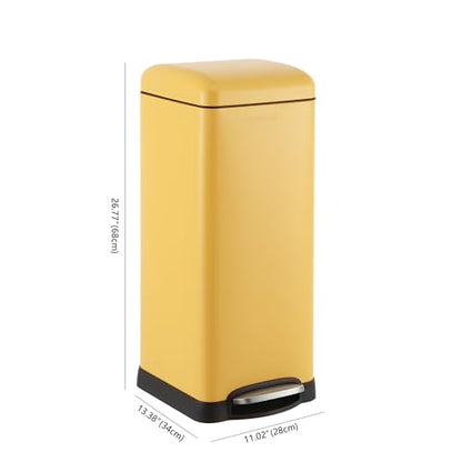 happimess Betty 8 Gal Step Trash Can Soft-Close Lid, Daffodil Yellow | Removable Liner, Semi-Rectangular, Steel Pedal, Iron Powder Coated, 27" Height, Non-Skid Base - color: Yellow