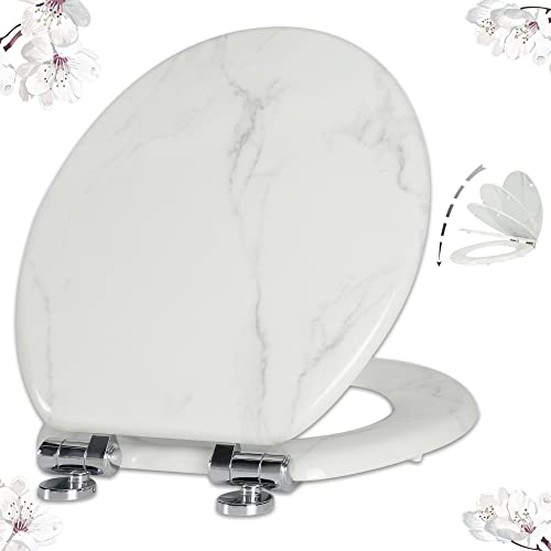 Angel Shiold ROUND Toilet Seat Molded Wood 16.5"(White Marble) | Quiet Close Quick Release Metal Hinges, Adjustable Fit for Standard Round Toilets, Easy to Install&Clean - color: White Marble-Round, size: Round-16.5“