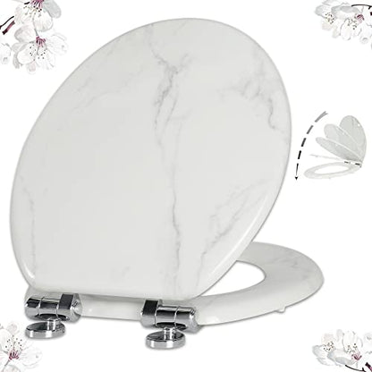 Angel Shiold ROUND Toilet Seat Molded Wood 16.5"(White Marble) | Quiet Close Quick Release Metal Hinges, Adjustable Fit for Standard Round Toilets, Easy to Install&Clean - color: White Marble-Round, size: Round-16.5“