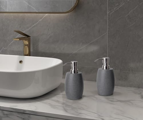 Clasin Home Sandstone Textured Resin Soap Dispenser with Metallic Pump and Waterproof Bottle Labels for Bathroom Kitchen Dish Hand Wash Shower Lotion Shampoo, 12 Oz, 2 Sets Gray - color: Dark Gray_2 Pcs