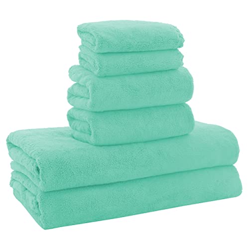 MOONQUEEN Ultra Soft Microfiber Coral Velvet Towel Set - Quick Drying, 2 Bath Towels, 2 Hand Towels, 2 Washcloths - Aqua Green, 6 Pcs - color: Aqua Green