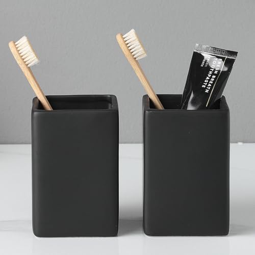 Black Square Toothbrush Holders for Bathrooms - 2 Cups Ceramic Square Toothbrush Toothpaste Holders Set, Bathroom Tumbler Cups Reusable Toothbrush Mouthwash Cup, Bathroom Counter Organizer. - color: Black, size: 2pcs