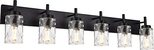 BONLICHT Transitional Bath Vanity Light Fixture 6 Light Black Wall Sconce Bathroom Lighting with Clear Hammered Glass, Industrial Farmhouse Metal Wall Mount Light for Kitchen Living Room Dining Room - color: Black, size: 6 Lights