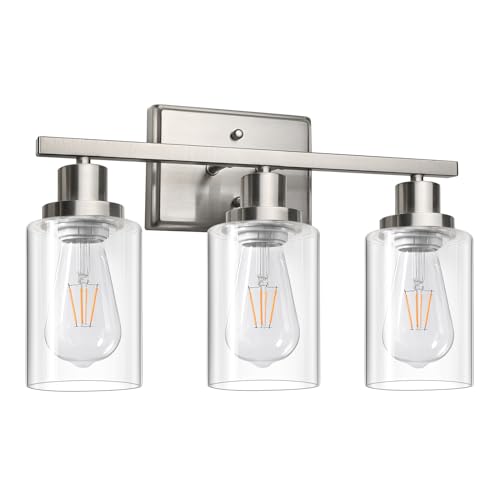 Ascher Bathroom Vanity Light Fixtures, 3 Light Wall Sconces Lighting with Clear Glass Shade, Brushed Nickel Wall Lights for Mirror, Kitchen, Living Room, Gallery, E26 Base (Bulbs Not Included) - color: Nickel, size: 3 Light