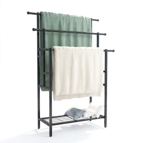 3-Tier Free Standing Metal Ladder Towel Rack | Oversized ladder towel rack, free standing metal towel holder with shelf for storing towels and bathroom supplies