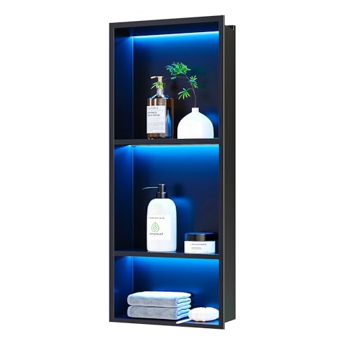 3-Tiers 12x30Inch Wall Niche with RGB LED Lights, Matte Black Recessed Shower Niche Cabinet, Stainless Steel Bathroom Shelf, NO Tile Needed Storage Organizer for Shower wall - color: Matte Black, size: 12X30In