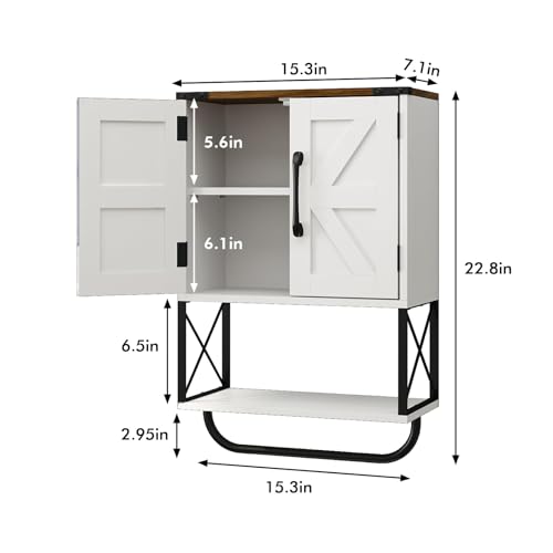 RUSTOWN Farmhouse Rustic Medicine Cabinet with Two Barn Door,Wood Wall Mounted Storage Cabinet w/Dark Brown Top & Adjustable Shelf and Towel Bar, 3-Tier Cabinet for Bathroom(White) | Dark Brown Top, Adjustable Shelf, Towel Bar, 3-Tier Rustic Wood Wall Mou