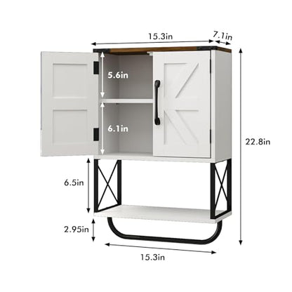 RUSTOWN Farmhouse Rustic Medicine Cabinet with Two Barn Door,Wood Wall Mounted Storage Cabinet w/Dark Brown Top & Adjustable Shelf and Towel Bar, 3-Tier Cabinet for Bathroom(White) | Dark Brown Top, Adjustable Shelf, Towel Bar, 3-Tier Rustic Wood Wall Mou