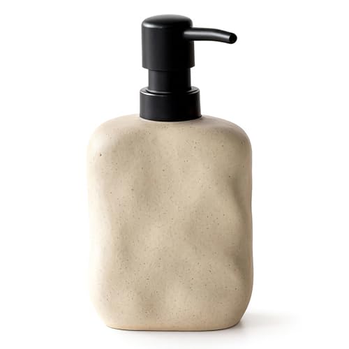 EMPO Ceramic Hand Soap Dispenser with Matte Black Pump, Stone-Textured Wabi-Sabi Liquid Dispenser for Bathroom Vanity and Kitchen Sink (440ml/14.8oz) - size: 440 ml