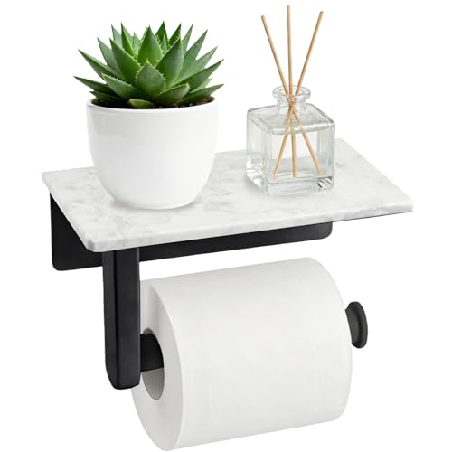 Toilet Paper Holder with Natural Marble Shelf, Wall Mounted Tissue Holder, Modern and Durable Bathroom Accessory for Bathroom Washroom(Black) - color: Black