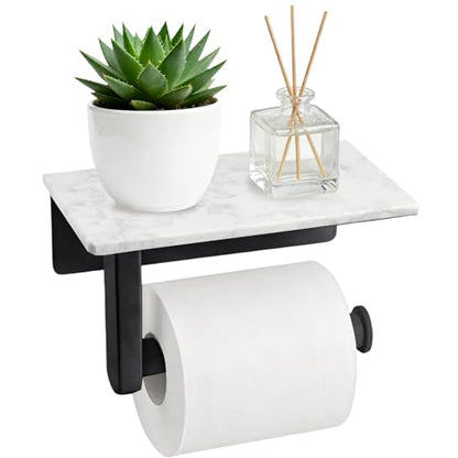 Toilet Paper Holder with Natural Marble Shelf, Wall Mounted Tissue Holder, Modern and Durable Bathroom Accessory for Bathroom Washroom(Black) - color: Black