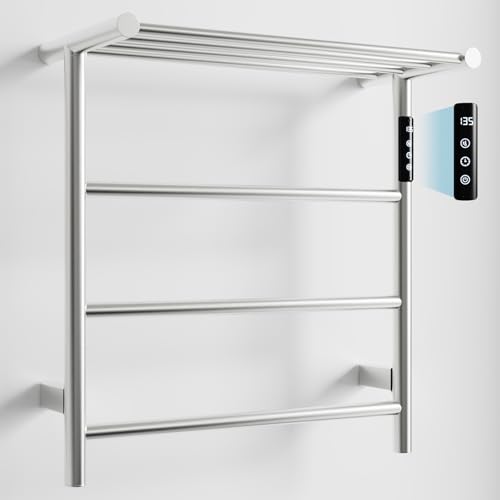 Towel Warmers for Bathroom, Stainless Steel Heated Towel Racks with Top Shelf, Wall Mounted Towel Heater with Intelligent Touch Screen Timer & Temperature Adjustment, Plug-in/Hard-Wired - color: Brushed Nickel, size: 3-Bar with Top Shelf