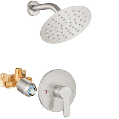 Airuida Shower Faucet Set,6 Inch Brushed Nickel Shower Trim Kit | Round Rainfall Shower Head,Single Handle,Male Threads Rough-in Valve,Wall Mount Bathroom System - color: Nickel, size: 6 Inch