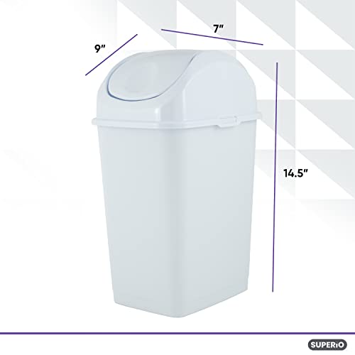 Superio Small Plastic Trash Can with Swing Top Lid, Compact Slim Waste Bin for Under Desk, Office, Bedroom, Bathroom, Dorm Room, 10 Qt. Portable Garbage Can 2.5 Gallon (White, 2 Pack) - size: 2.5 Gallon, style: 2 Pack