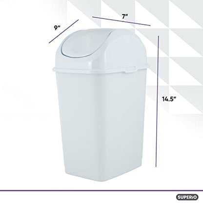 Superio Small Plastic Trash Can with Swing Top Lid, Compact Slim Waste Bin for Under Desk, Office, Bedroom, Bathroom, Dorm Room, 10 Qt. Portable Garbage Can 2.5 Gallon (White, 2 Pack) - size: 2.5 Gallon, style: 2 Pack
