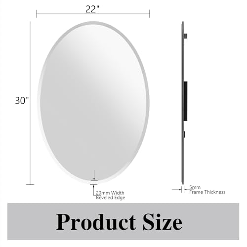Frameless Oval Mirror, 22"x30" Beveled Bathroom Vanity Mirrors | 20mm beveled edge, 5mm HD glass, frameless, anti-rust, shatterproof, french cleat, horizontally or vertically - size: 22"L x 30"W