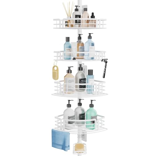 Consumest Shower Caddy Tension Pole - Adjustable Corner Shower Organizer with Soap Holder, Bath Shelves for Bathroom Storage, 27.6-108.3 inch, White - color: White