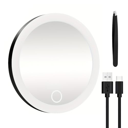 4" 30x Magnifying Mirror 30x with LED Light, Portable Lighted Makeup Mirror with Tweezers, 20x Makeup Magnifying Mirror with 3 Suction Cups for Travel Eyes Makeup, Gift for Women Black