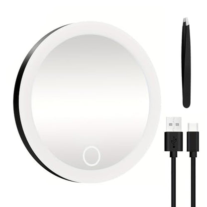 4" 30x Magnifying Mirror 30x with LED Light, Portable Lighted Makeup Mirror with Tweezers, 20x Makeup Magnifying Mirror with 3 Suction Cups for Travel Eyes Makeup, Gift for Women Black