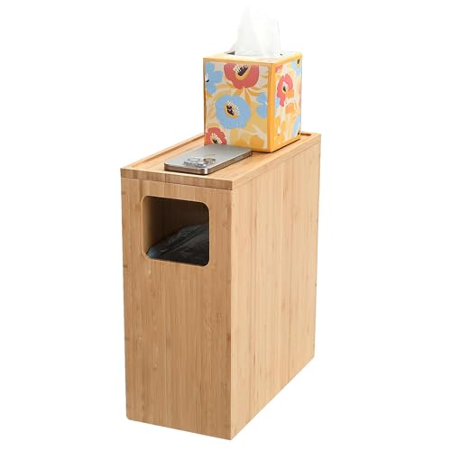 MobileVision Bamboo Slim Trash Can with Lid, Waste Basket for Bathroom, Bedroom, Office, Vanity, Salon or Spa, Small Spaces, Rectangle, Bag Liners Included