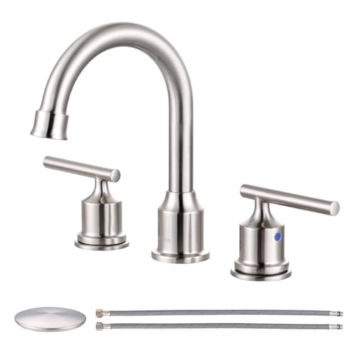 WOWOW Widespread Bathroom Faucet Brushed Nickel Bathroom Sink Faucet 8 inch Vanity Tap 2 Handle 3 Holes Deck Mount Taps with Drain - color: Brushed Nickel, size: Widespread