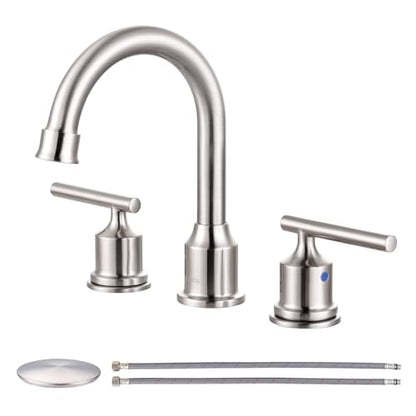 WOWOW Widespread Bathroom Faucet Brushed Nickel Bathroom Sink Faucet 8 inch Vanity Tap 2 Handle 3 Holes Deck Mount Taps with Drain - color: Brushed Nickel, size: Widespread