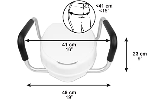 PEPE Mobility Raised Toilet Seat with Handles and Lid for Elderly 4" High, Fits Round and Elongated up to 15" Wide, Commode Seat with Sturdy Brackets, Medical Aid - color: White